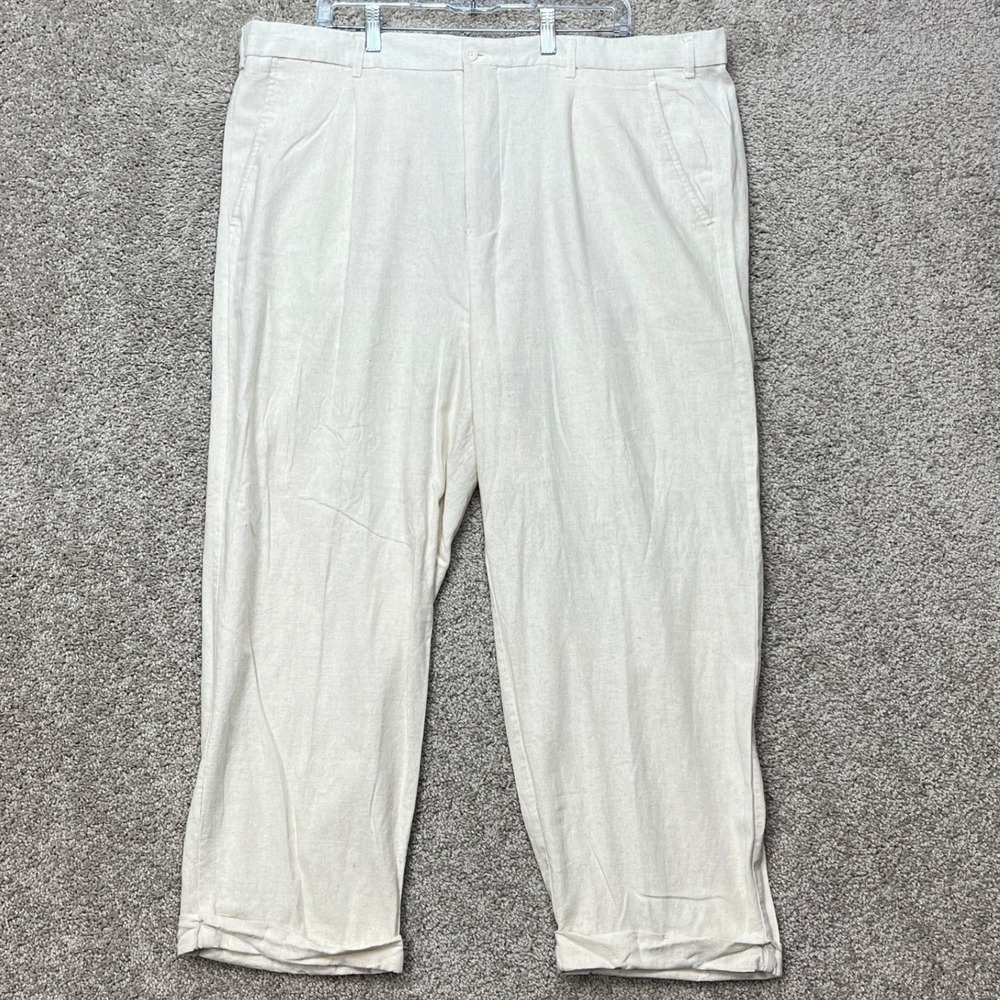 Trust Pants Mens 42x30 Beige Pleated Straight Leg Trousers Linen Blend EUC